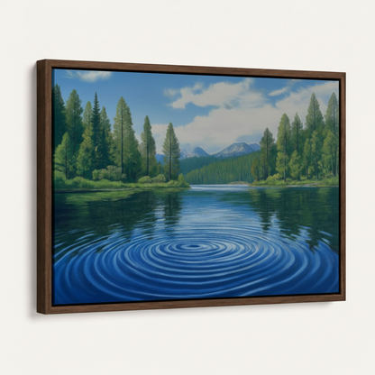 Dark walnut floater frame canvas showing mountain lake ripple painting, angled product view on white background