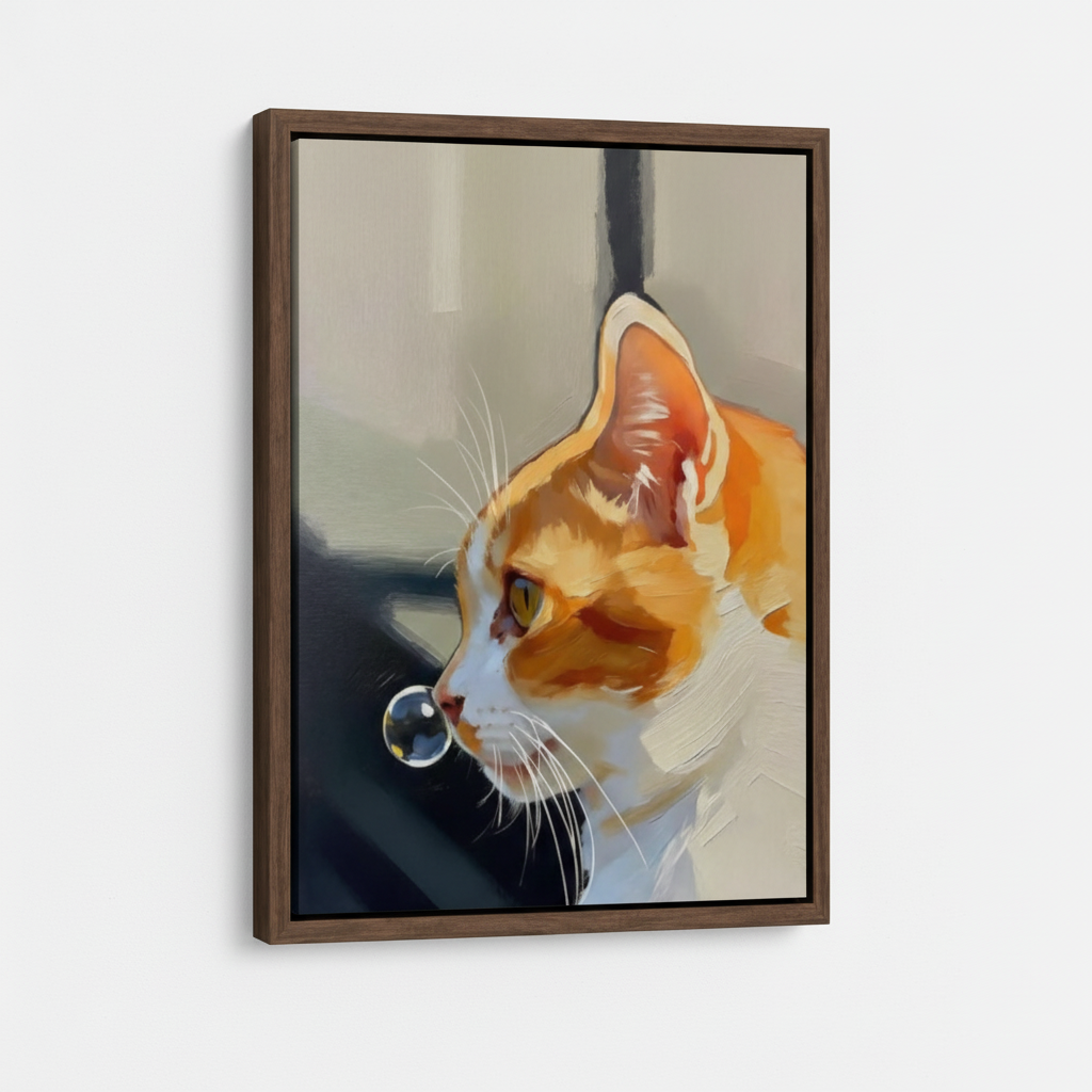 Framed painterly cat portrait wall art with dark walnut float frame on white studio background