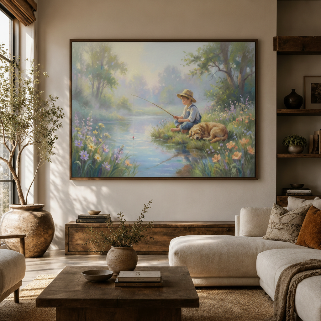 Large classical boy fishing with dog canvas above walnut console in warm neutral modern living room