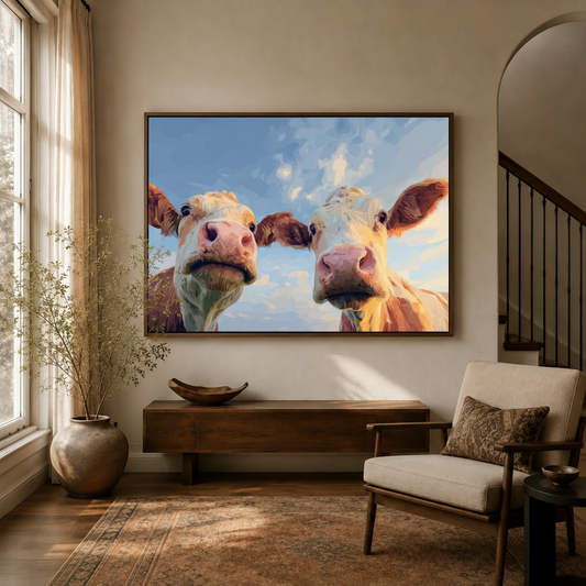 Funny cow close-up impasto canvas art hanging in warm entryway beside staircase and linen armchair