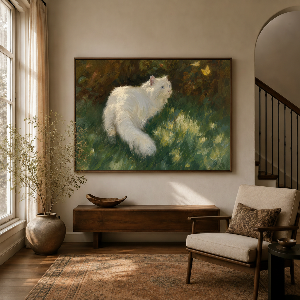 Classical realist white cat garden canvas above console in warm golden entryway beside linen armchair