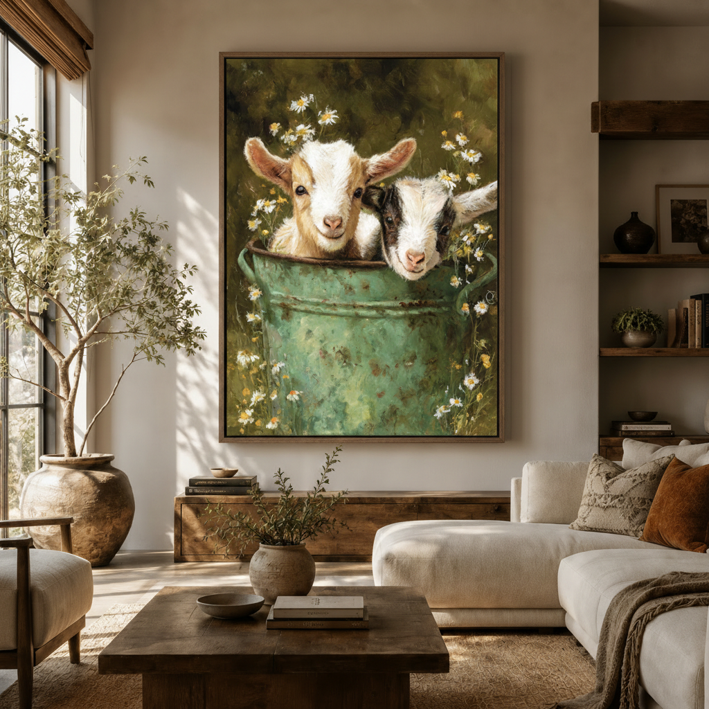 Charming farmhouse baby goats canvas above sideboard in warm modern living room
