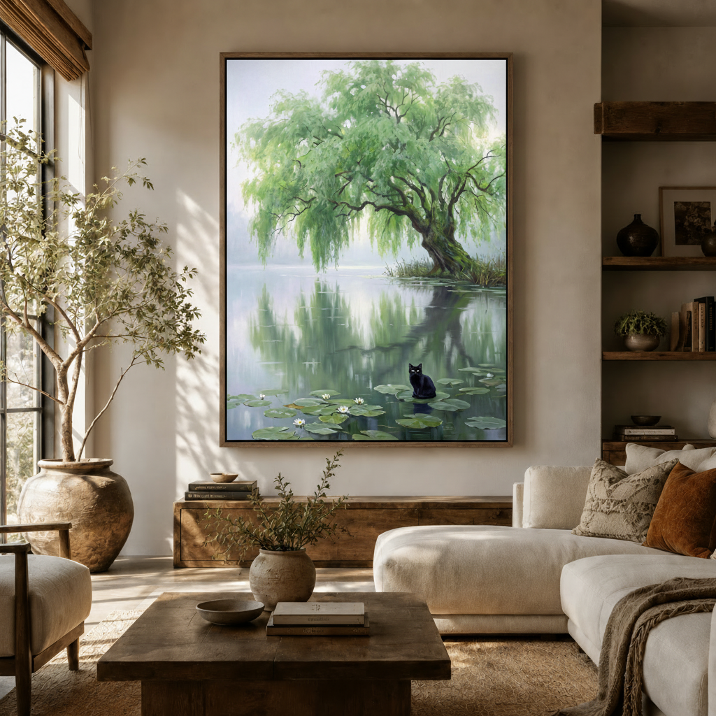 Impressionist willow pond cat canvas displayed above sideboard in warm modern living room with olive tree