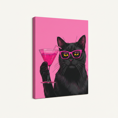 Gallery-wrapped black cat pop art canvas shown at angle on white background displaying full artwork and canvas depth