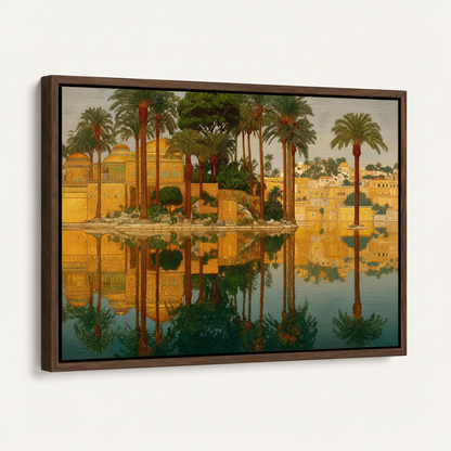 Dark walnut float frame canvas print at 45-degree angle on white background showing painting depth