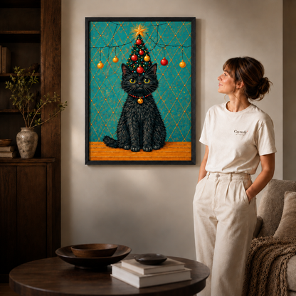 Black-framed black cat Christmas tree wall art above a round table in a cozy living room.