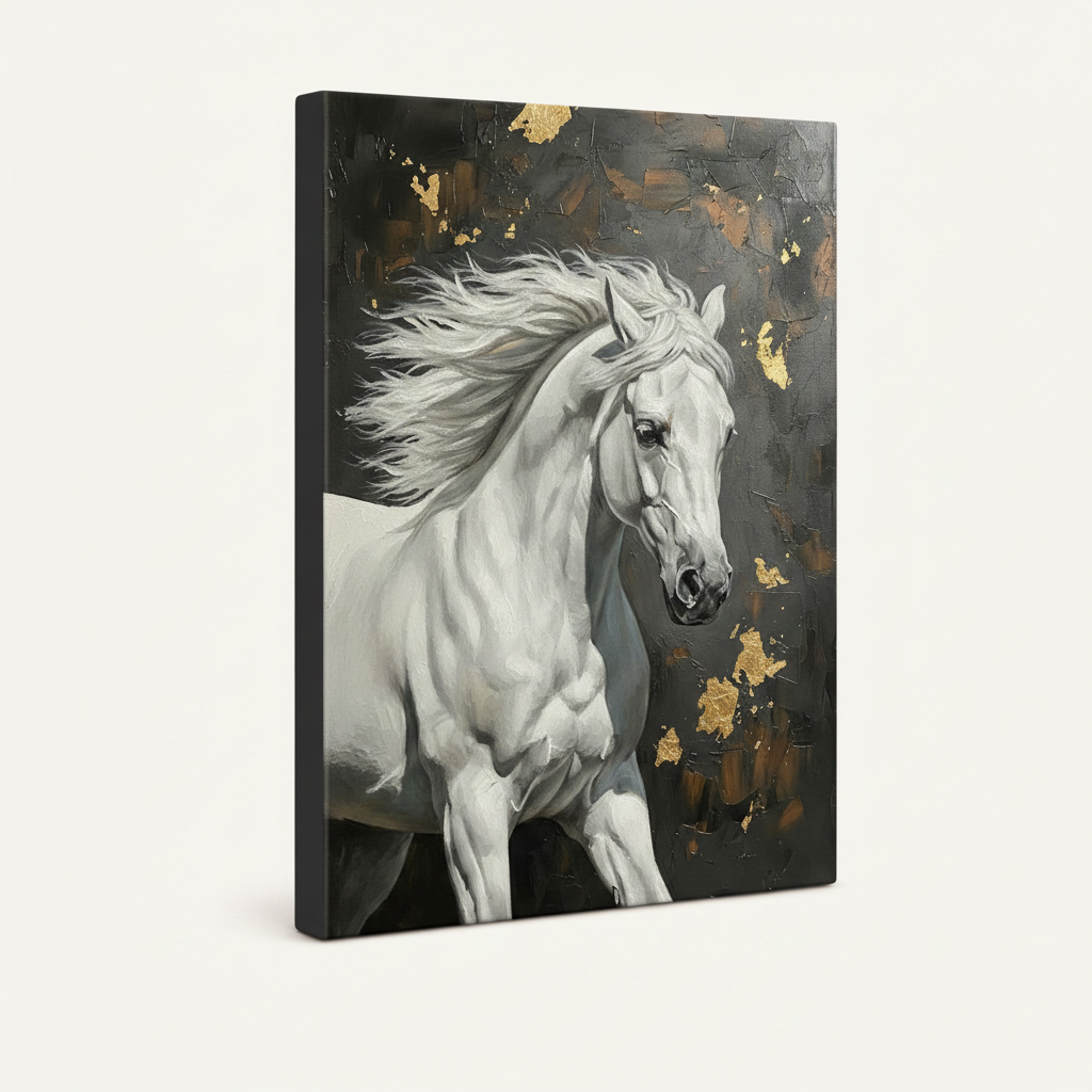 Gallery wrapped white horse canvas, angled view showing dark charcoal solid sides