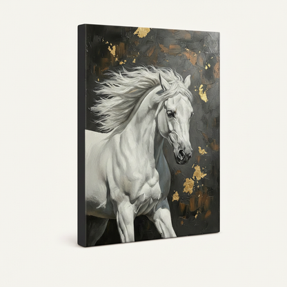 Gallery wrapped white horse canvas, angled view showing dark charcoal solid sides