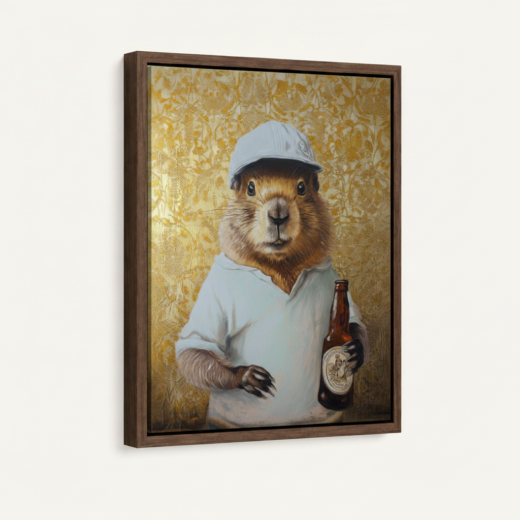 Dark walnut floating frame canvas of capybara holding beer bottle, golden damask background, 3/4 view