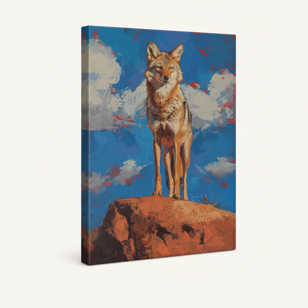 Coyote mesa western wildlife art gallery wrapped canvas, left angle product view on white background