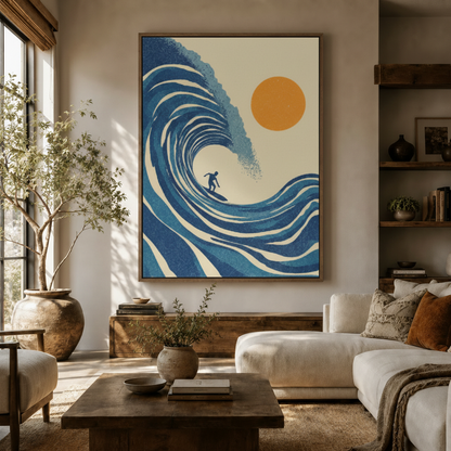 Bold blue surfer wave canvas wall art above sideboard in warm neutral modern living room