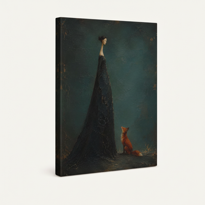 Gallery-wrapped moody woman fox canvas print, three-quarter angle showing canvas depth on white background