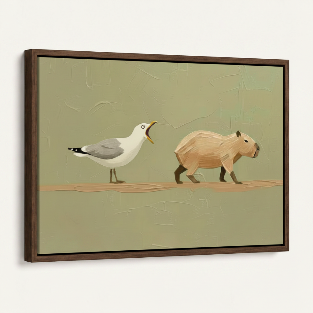 Framed minimalist seagull and capybara canvas print at angle on white wall dark walnut frame