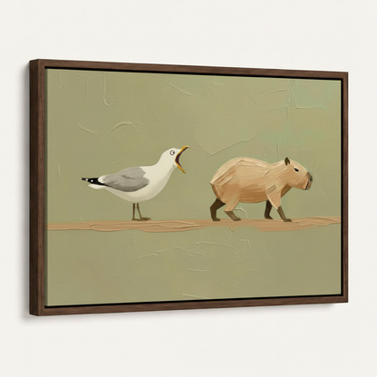 Framed minimalist seagull and capybara canvas print at angle on white wall dark walnut frame
