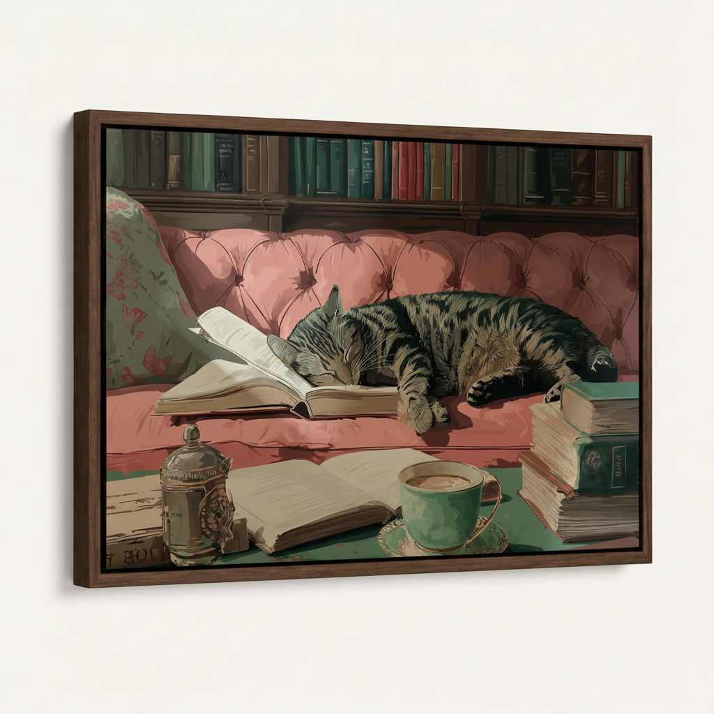 Angled view of framed vintage cat and books canvas print on off-white background