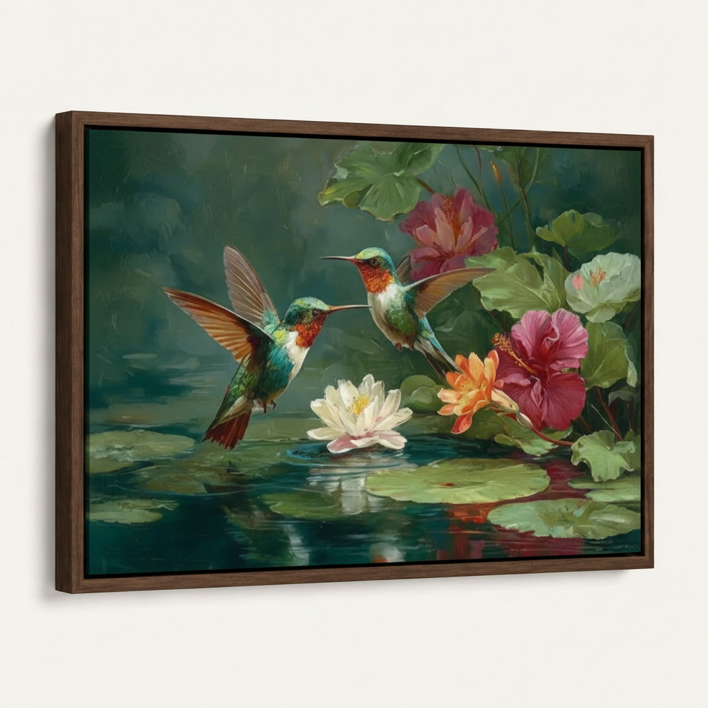 Framed hummingbird canvas art print, dark walnut float frame, angled product view white background