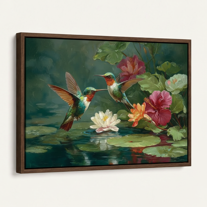 Framed hummingbird canvas art print, dark walnut float frame, angled product view white background