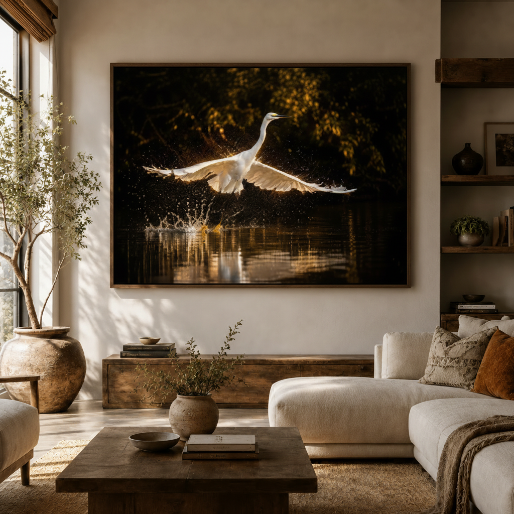 Large dramatic egret flight golden backlight fine art canvas above walnut console in warm modern living room