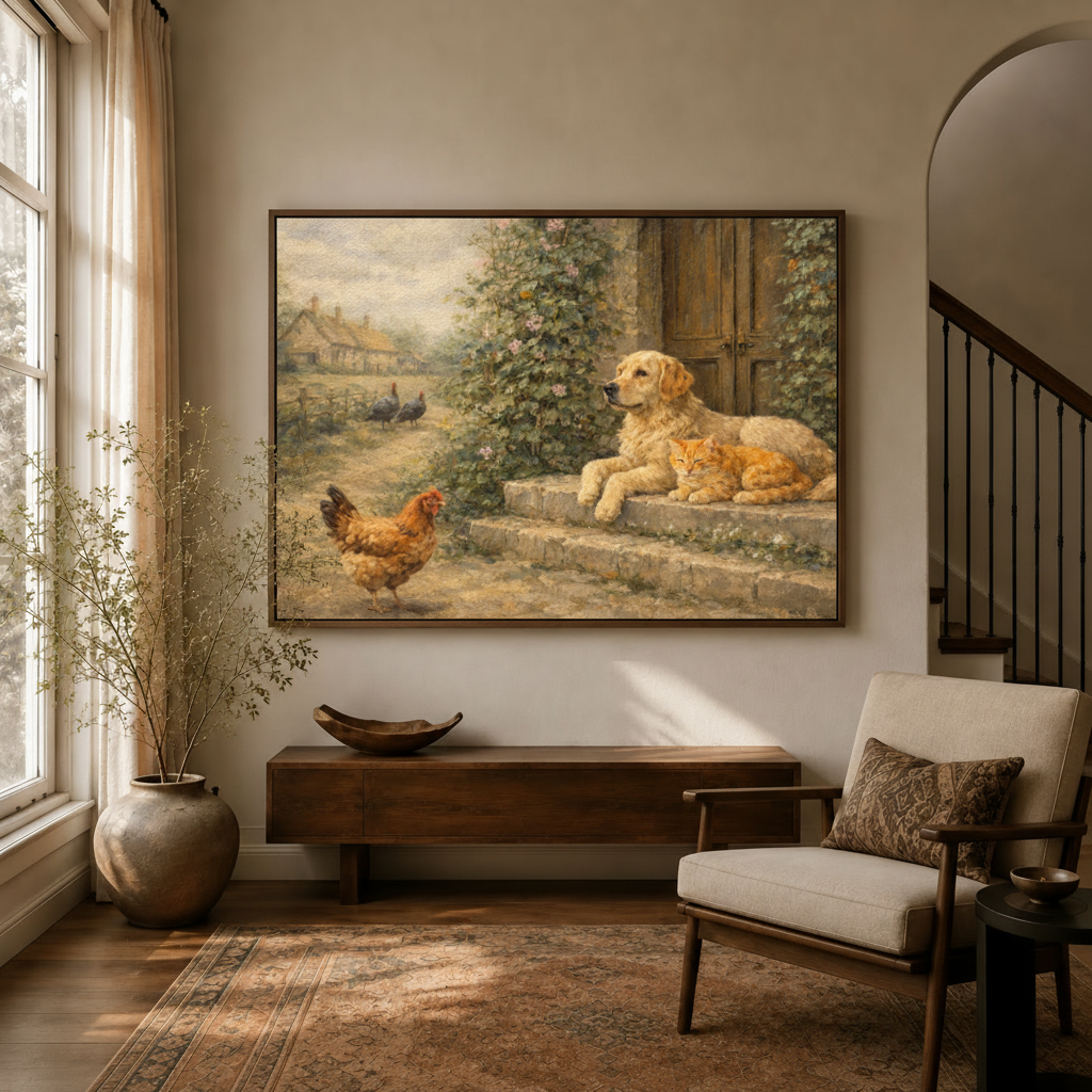  Pastoral Golden Retriever cat hen canvas wall art above walnut console in bright sunlit entryway with arched doorway