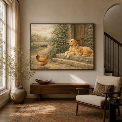  Pastoral Golden Retriever cat hen canvas wall art above walnut console in bright sunlit entryway with arched doorway