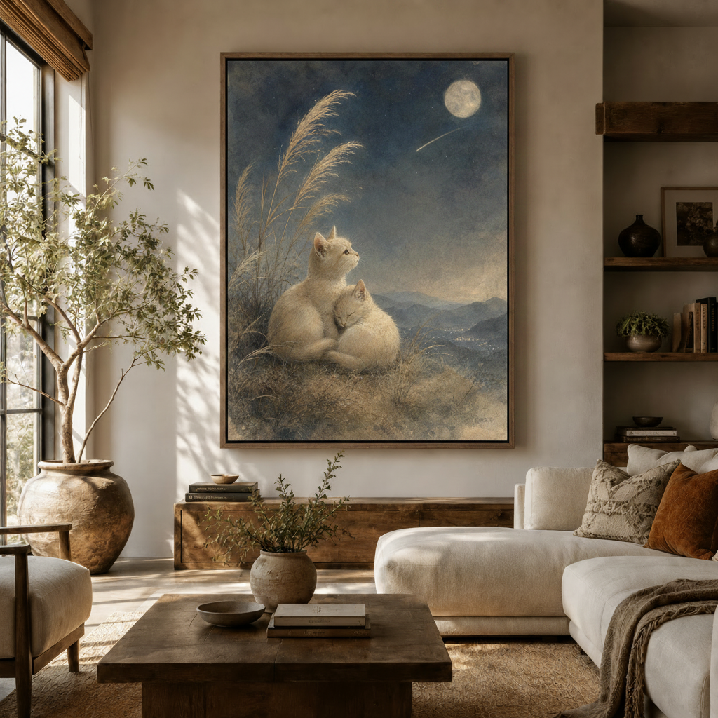 Romantic moonlit cats canvas in dark frame hung in warm Japandi-style living room