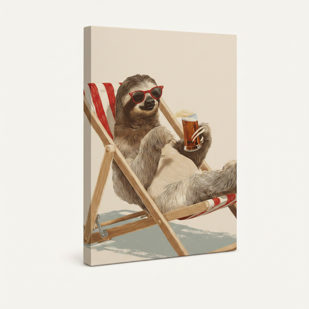 Gallery wrapped sloth canvas print at angle showing thick wooden stretcher bar depth