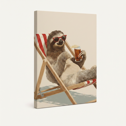 Gallery wrapped sloth canvas print at angle showing thick wooden stretcher bar depth