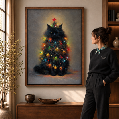 Walnut-framed black cat Christmas tree art above a console beside a standing woman.