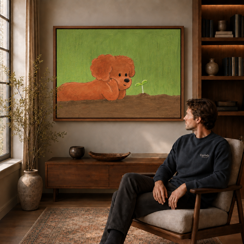 Storybook orange puppy illustration on canvas, framed and hung in an interior scene with warm natural decor.