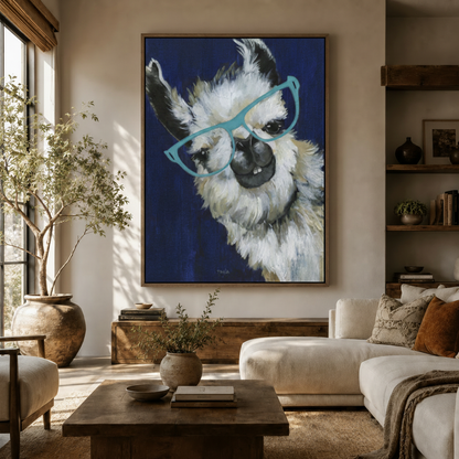 Humorous llama wearing glasses bold impasto canvas above rustic sideboard in warm organic living room