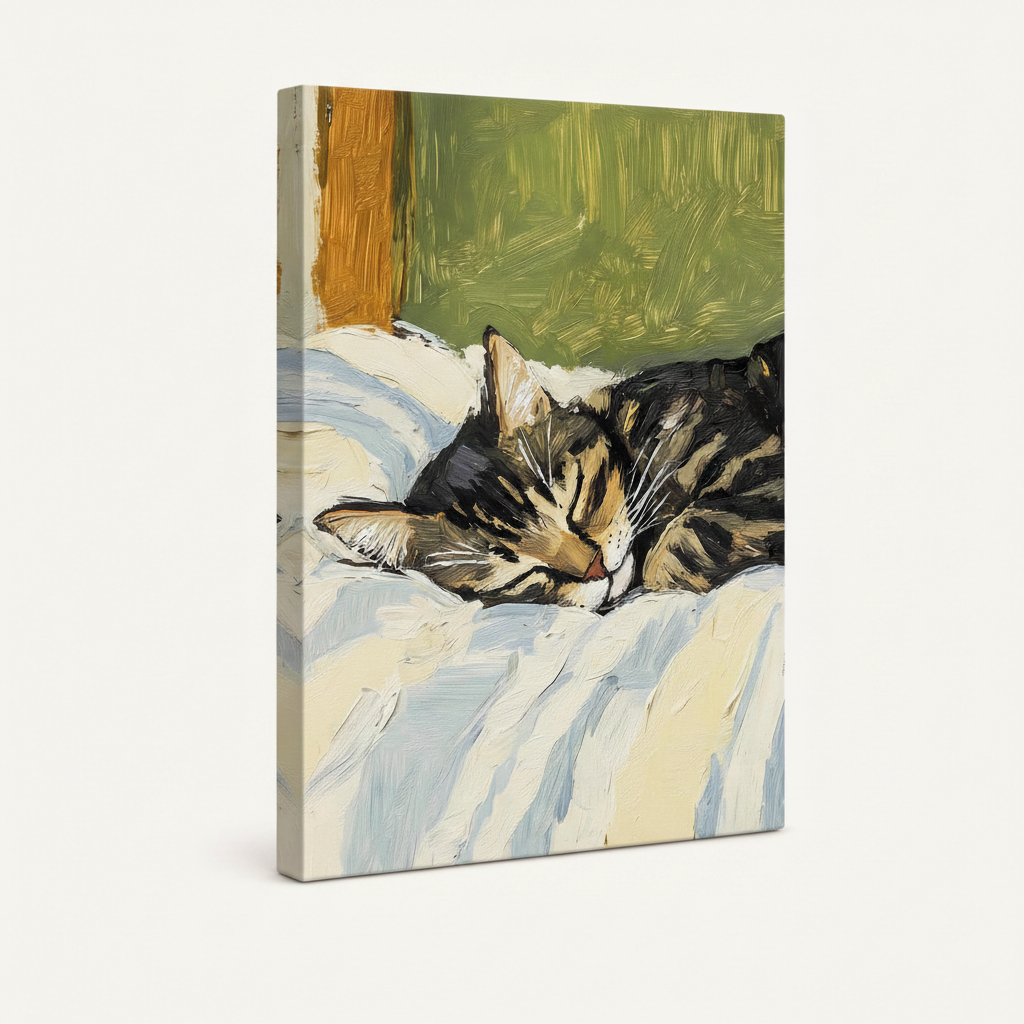 Gallery-wrapped sleeping cat Van Gogh canvas print angled view showing wrapped edges and textured brushstrokes