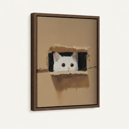 Dark walnut float frame canvas art close-up, curious cat peeking box painting detail