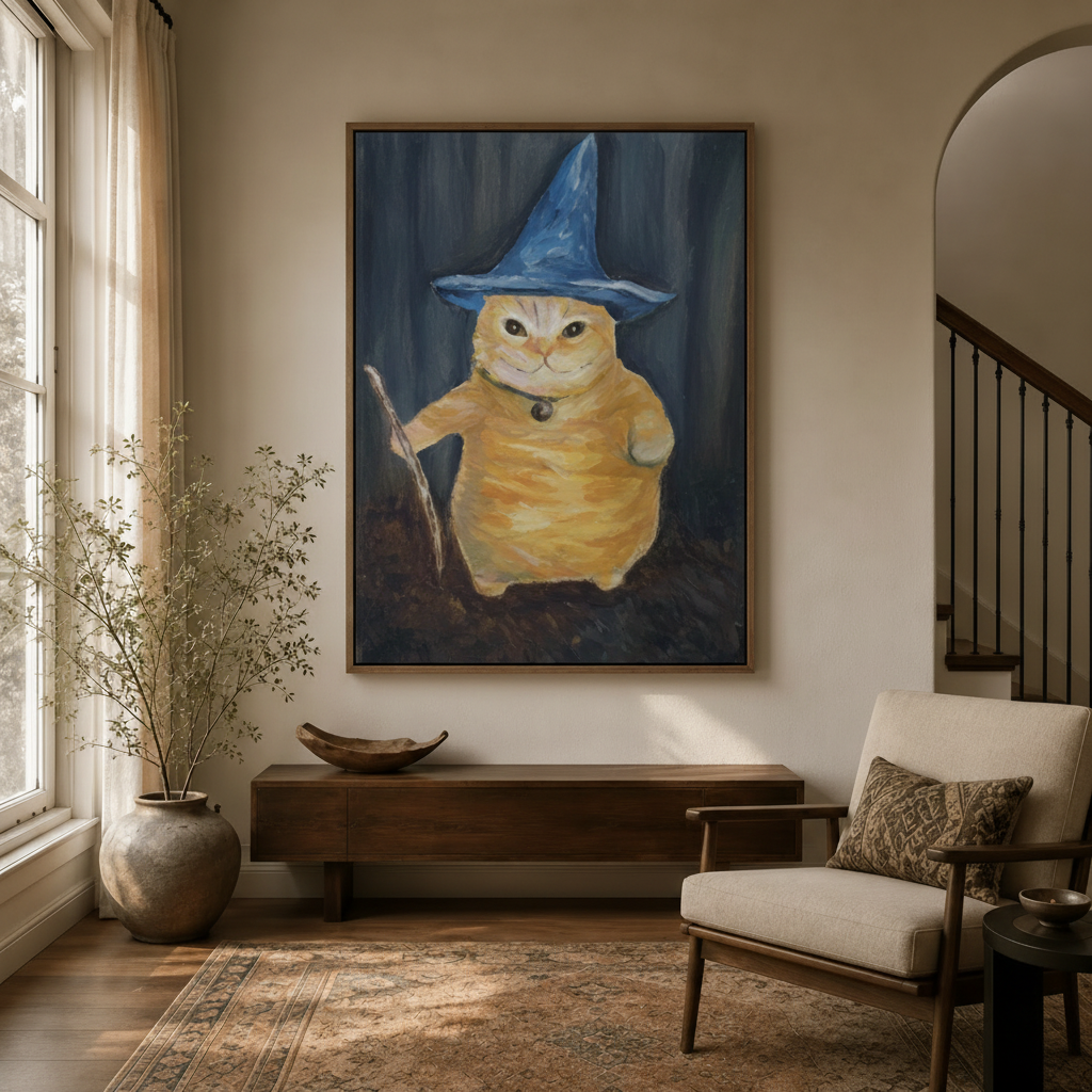 Large framed wizard cat canvas print hanging in a warm neutral entryway with wooden console
