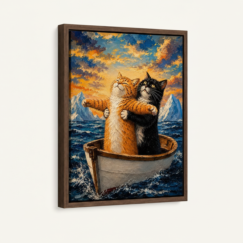 Funny cat wall art in dark walnut frame shown at an angle on a clean cream background