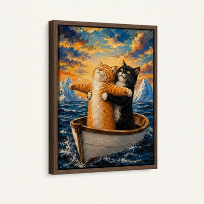 Funny cat wall art in dark walnut frame shown at an angle on a clean cream background
