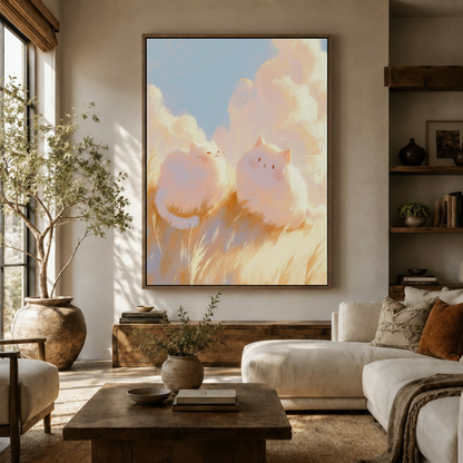 Two cats gazing at dreamy clouds golden field whimsical canvas above dark wood sideboard in warm living room