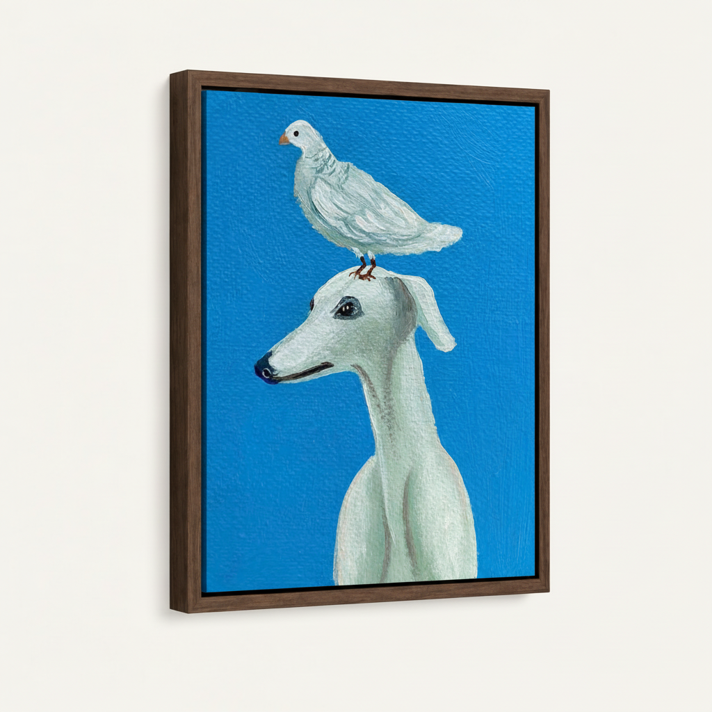 Framed greyhound and dove canvas art on white background, angled 45-degree product shot