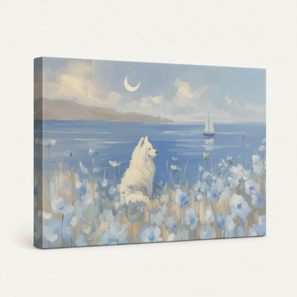 Gallery-wrapped Samoyed ocean canvas art showing side wrap detail on clean white background
