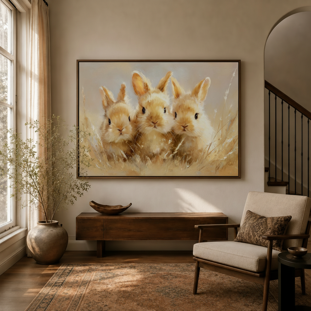 Heartwarming three baby rabbits realistic canvas art hanging in warm entryway beside staircase and linen armchair