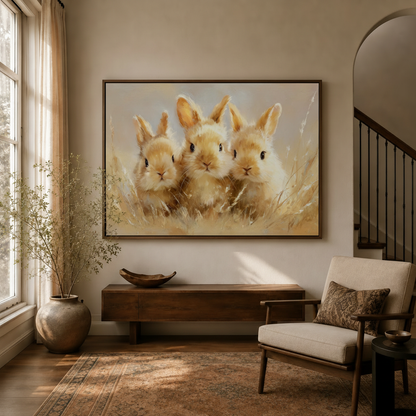Heartwarming three baby rabbits realistic canvas art hanging in warm entryway beside staircase and linen armchair