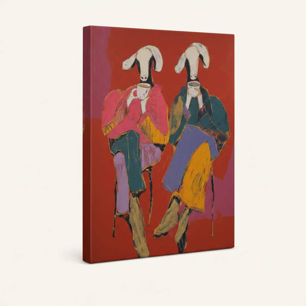 Gallery-wrapped pop art goat canvas print shown at angle on white background