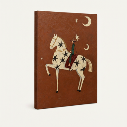 Gallery-wrapped folk art horse canvas print angled product view, warm earthy tones