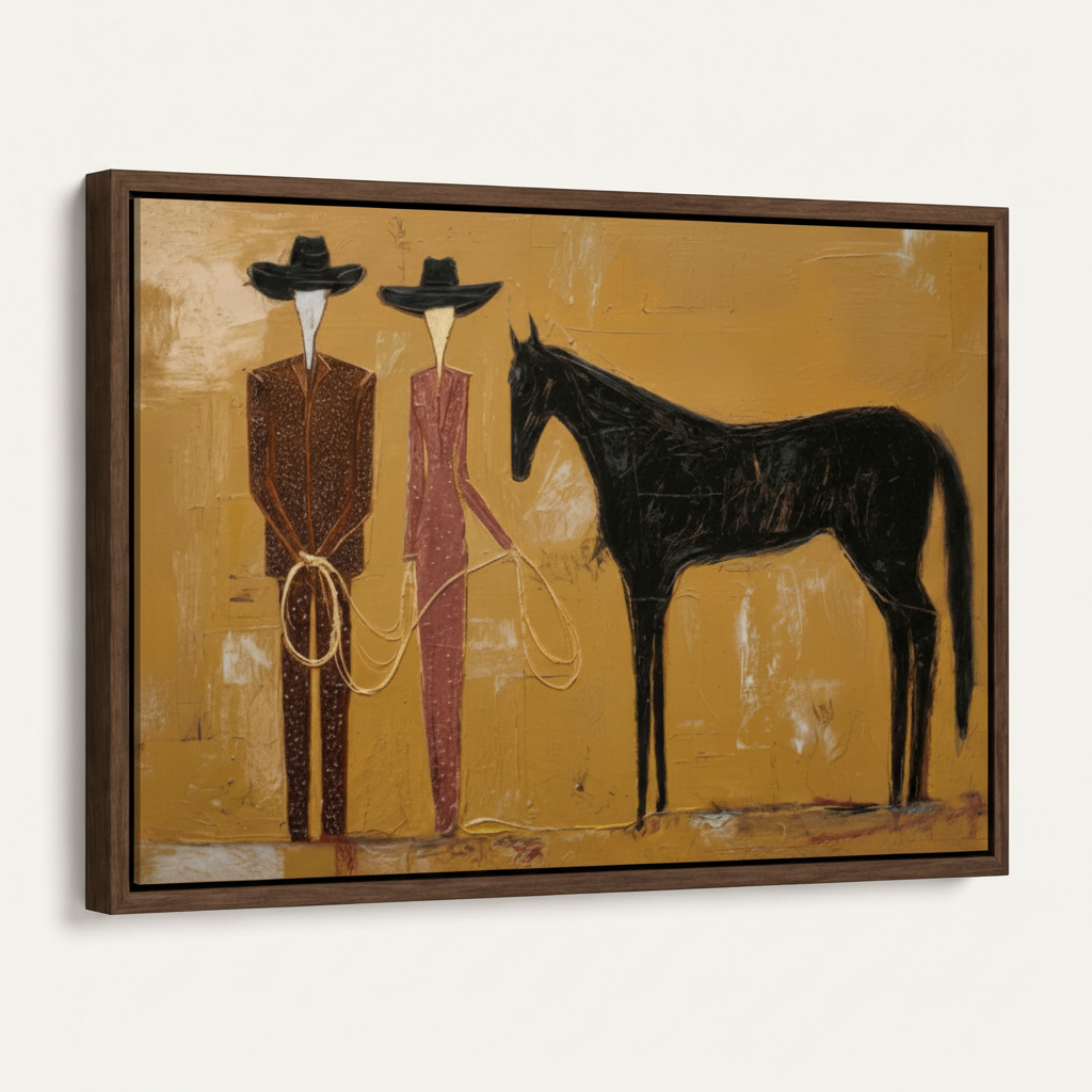 Western figurative canvas print in dark walnut float frame at 45-degree angle on off-white background