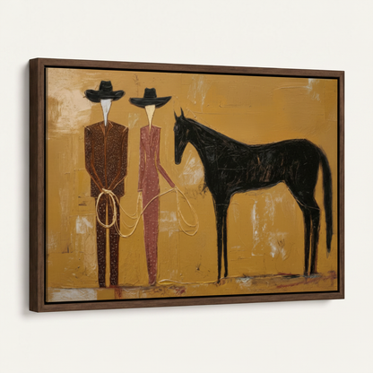 Western figurative canvas print in dark walnut float frame at 45-degree angle on off-white background