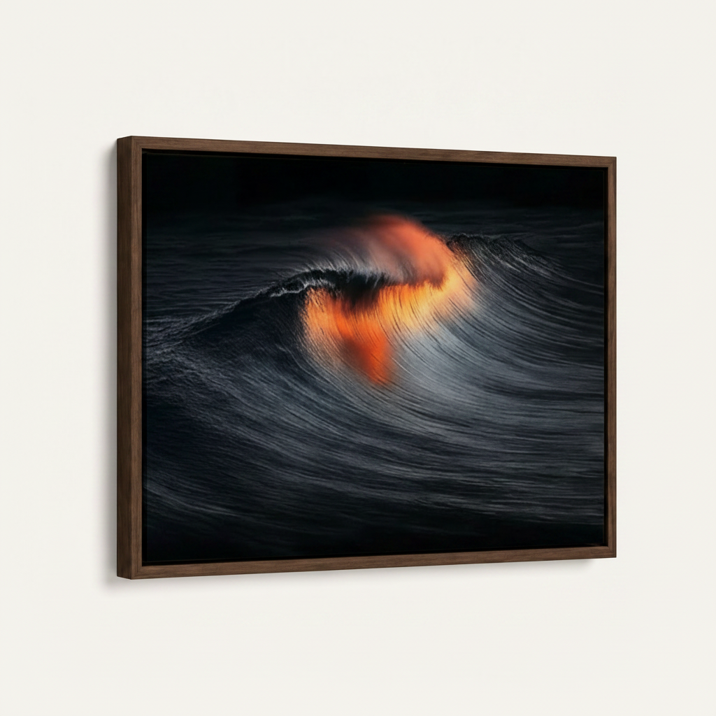 Dark walnut floater frame canvas with fiery wave art, angled product view on white background