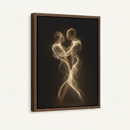 Dark walnut floater frame canvas closeup showing golden luminous dancing couple on deep black background