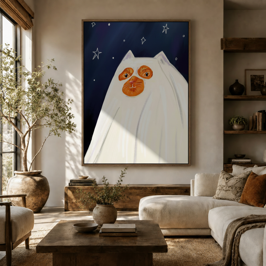 Whimsical night sky cat canvas art hanging in a bright modern living room above wooden sideboard
