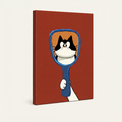 Gallery-wrapped canvas of retro cartoon cat holding mirror, angled product view on cream background