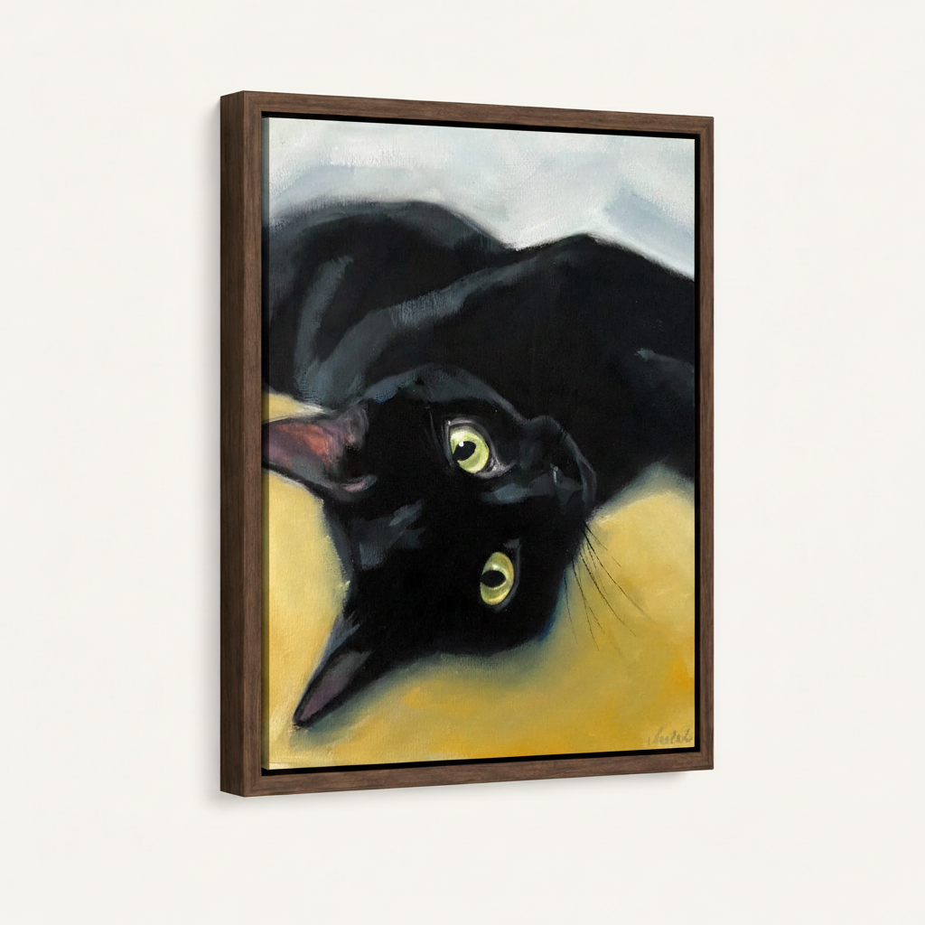 Realistic black cat green eyes portrait canvas in wide dark walnut float frame 3/4 angle product mockup