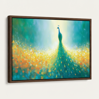 Dark walnut floater framed peacock canvas wall art angled product view on white background